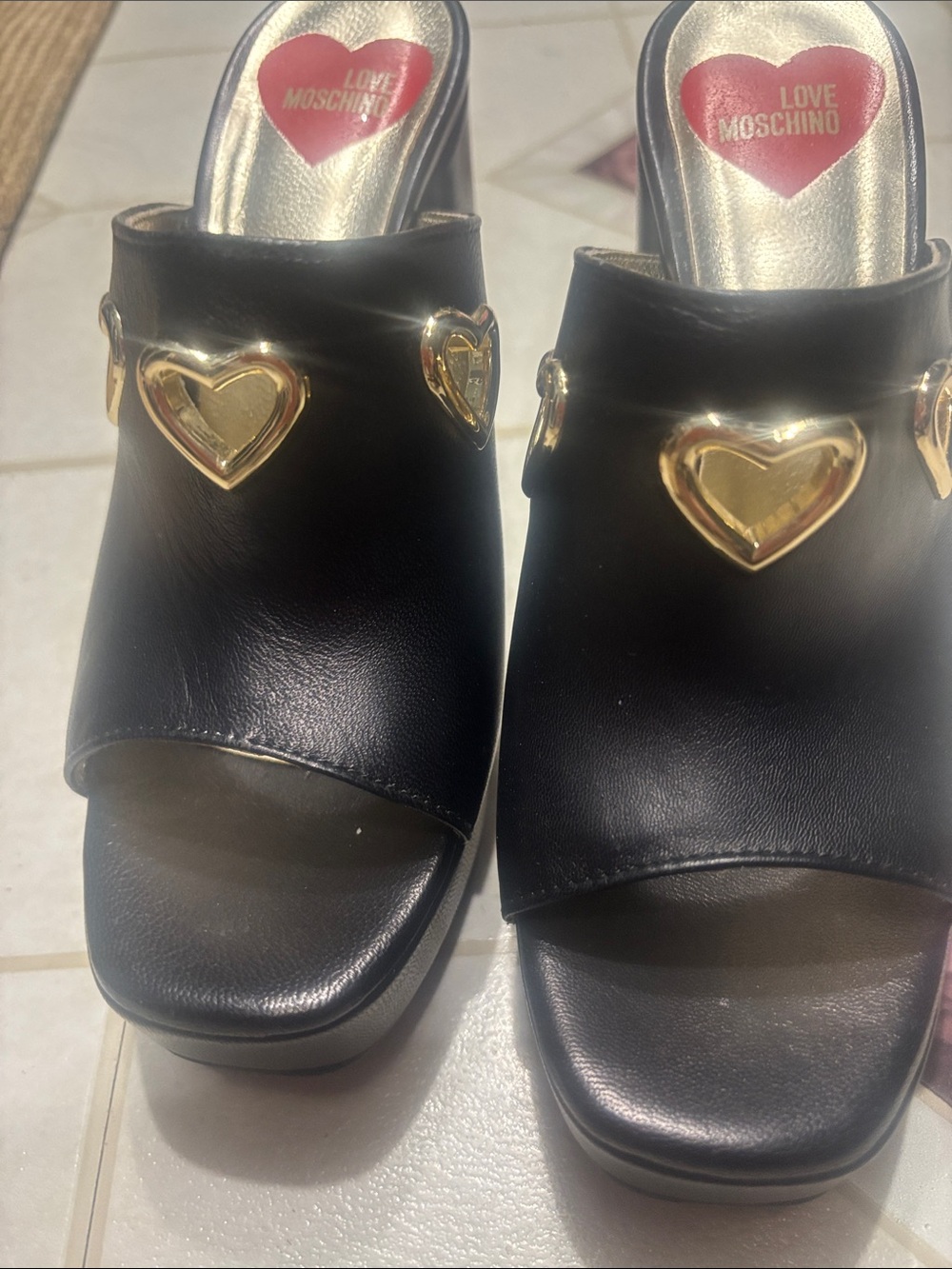 Love Moschino Black Slip-On Mules with Gold Heart Hardware - Picture 5 of 5
